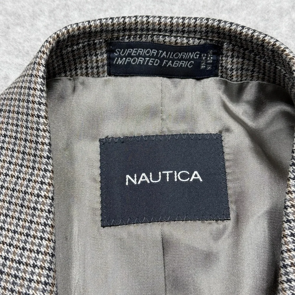 Nautica Blazer Jacket Mens 40S Brown Houndstooth Plaid Wool Sport Coat 2-Button
